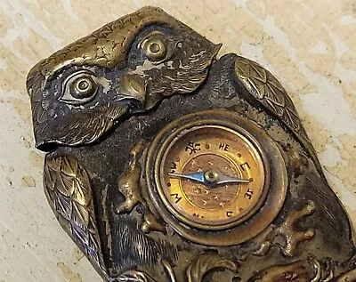 Antique Victorian Gothic OWL Brass MATCH SAFE With COMPASS Vesta Case Steampunk • $199