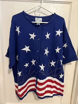 The Quaker Factory USA Flag Blue Button Down Womens Ladies Sweater Sz 2X NWT • $17.50