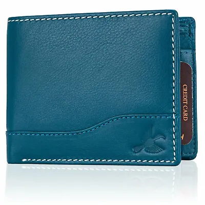 $28.49 • Buy Brand New Authentic RFID Blocking Aqua Blue BI-Fold Genuine Leather Mens Wallet.