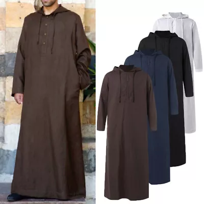 Mens Muslim Saudi Arab Long Sleeve Loose Gown Robe Islamic Thobe Kaftan Hooded • $26.19