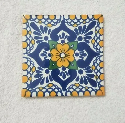 Glossy  Blue Yellow Blossom  Mexican Talavera Ceramic Tiles 4x4 • $5.75