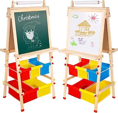 Kids Easel With Paper Roll Childrens Painting Art Wooden Chalk Board Drawing Set • £39.99