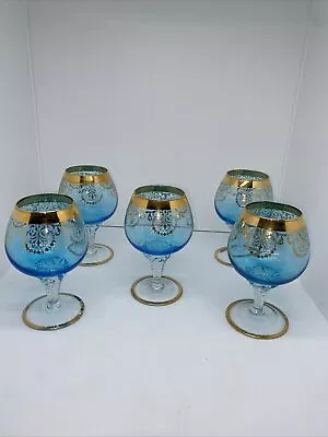 Vintage Iridescent Blue And Gold Brandy Snifters Set Of 5-READ • $52.25