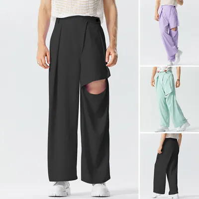 Fashion Mens Zip Up High Waist Long Pants Ripped Casual Baggy Trousers Bottoms • $20.97