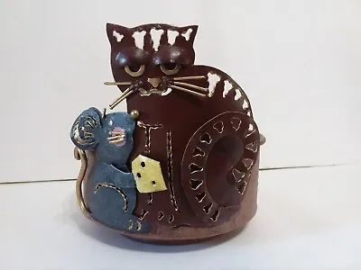 Cat & Mouse Cut Tin Metal Folk Art Animal Candle Holder Planter Trinket Bowl LR1 • $14.50