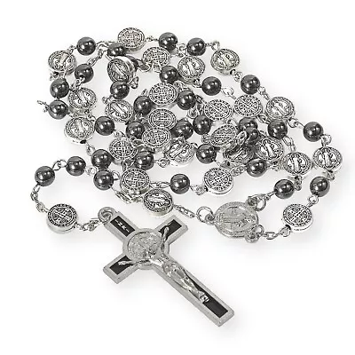 Saint Benedict Rosary Necklace Black Hematite Beads Silver Medals & Enamel Cross • $11.99