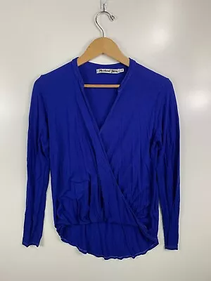 Michael Stars OS Solid Blue Faux Wrap High Low Stretch Shirt Blouse • $9.99