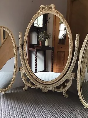 £29.99 • Buy Vintage French Louis Baroque Ornate Cream & Gold Wooden Triple Mirror Bow & Swag