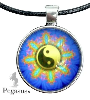 Blue Green Sunburst Ying Yang Yin Yan Glass Cabochon Necklace • £6.99