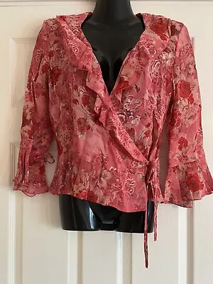 Marks & Spencer Per Una Pink Floral Wrap Frill Blouse Top 10 • £6.99