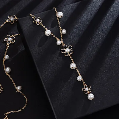 925 Sterling Silver Flower Pearls Long Chain Gold Necklaces Pendant Women Girls • £5.05