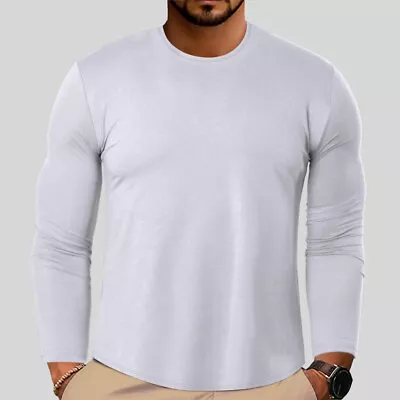 Men Long Sleeve Muscle Slim Fit Tunic Tops Casual Crew Neck Pullover Blouses Tee • £11.49