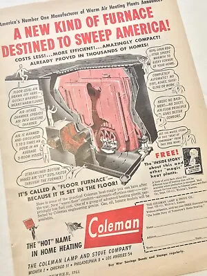 Vintage 1944 Coleman Gas & Oil Furnace Print Ad 16.5x24cm Warm Floor Unit PSM243 • $23.50