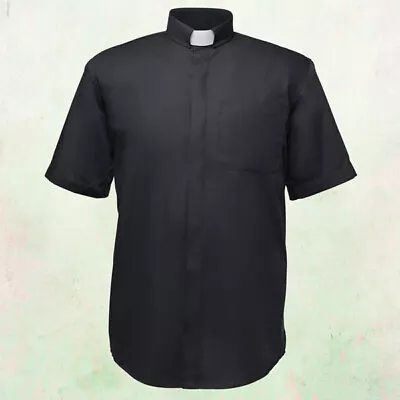 Men's Tab Collar Clergy Preacher Clerical Priest Shirt Short Sleeves *BLACK*  • $29.95