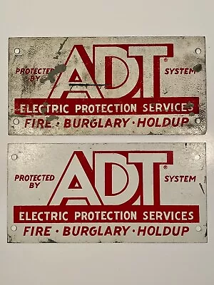 (2) Vintage Metal ADT SECURITY SIGNS Enamel 60’s 70’s Office Home Garage Fence • $81