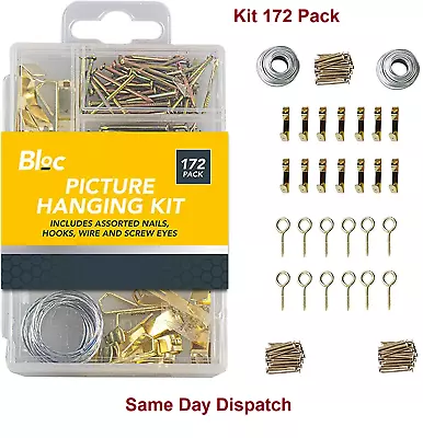 172 X Picture Hanging Kit Brass Nail Wire Set Wall Art Photo Frame Hooks Mirror  • £2.15