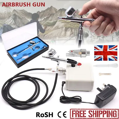 Airbrush Gun & Compressor Kit 0.3MM Dual Action Spray Gun Paint Tattoo Nail Art • £33.99