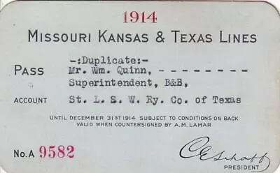 1914 MKT Missouri Kansas Texas Railroad Pass - SLSW Of Texas Cotton Belt • $20