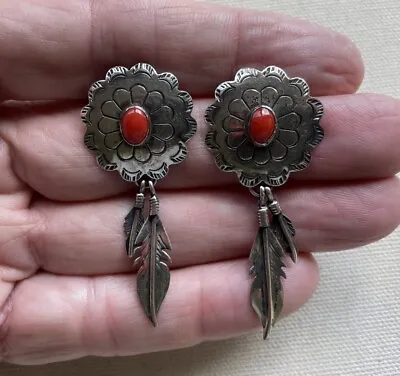 Vintage Southwest Concho Earrings Sterling Feather Coral Flower Navajo 2  • $58