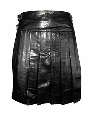 $75.99 • Buy Men Real BLACK LEATHER Full Pleated Utility Kilt GAY Clubwear LARP
