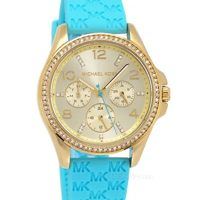 Michael Kors Womens Mini Pilot Glitz Crystals Watch Gold Dial Aqua Blue Silicone • $99.19