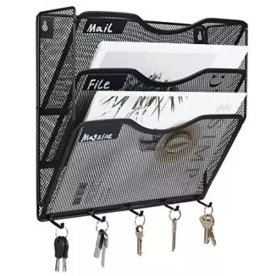 3 Pocket Vertical Mesh Wall File Organizer Paper Rack With Key Hooks Black • $27.98