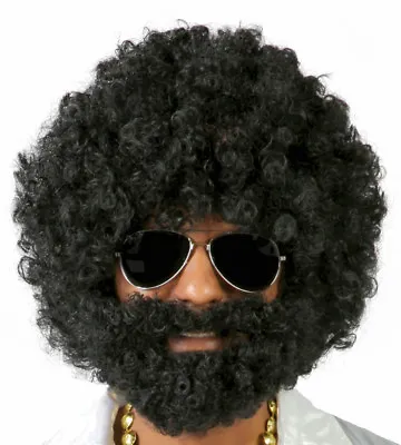 £14.99 • Buy Deluxe Mens Black Curly Afro Wig And Beard 70's Hippy Disco Fancy Dress Costume