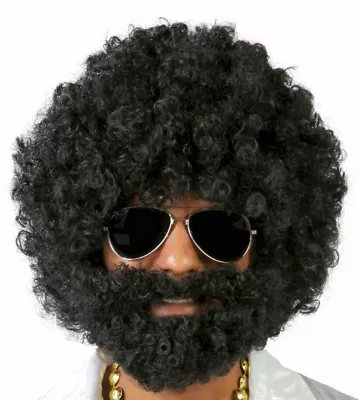 Deluxe Mens Black Curly Afro Wig And Beard 70's Hippy Disco Fancy Dress Costume • £15.99