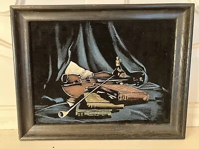 Vintage Black Velvet Painting Violin And Books Still Life Painting • $58