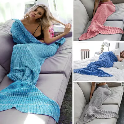 Mermaid Tail Blanket Fish Scales Knitted Crocheted Sofa Quilt Rug Christmas UK • £8.99