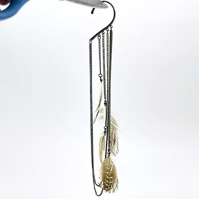 Single Hanging Feather Earring Shoulder Duster Long Dangle Bronze Tone Chains • $9.99
