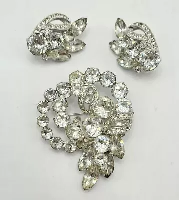 Vtg Eisenberg Signed Silver-tone Clear Rhinestone Brooch Pin & Clip-on Earrings  • $49.99