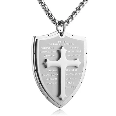 Men Shield Armor Of God Ephesians 6:16-17 Cross Stainless Steel Pendant Necklace • $9.99