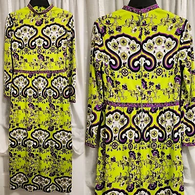 Vintage MOD 60s Mr. Dino Green/Purple LS MAXI Dress India Print/Twiggy Sz 14 VG  • $39.99