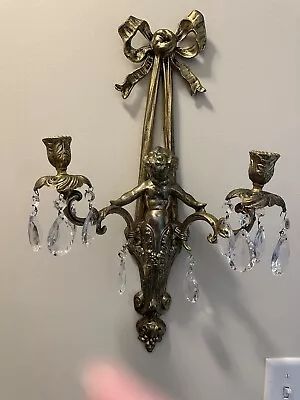 Vintage Italian Putti  Cherub Wall Candle Sconce Brass With Crystal Prisms • $75