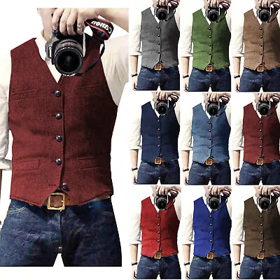 Mens Tweed Vest Vintage Cowboy Herringbone Groom Waistcoat S M Large XL XXL 3XL • $24.39