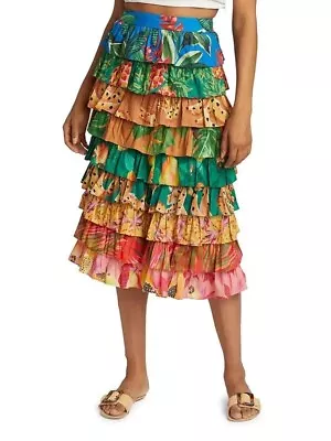 RARE NEW Farm Rio Size Medium Mixed Print Tiered Ruffle Midi Skirt Tropical NWT  • $198