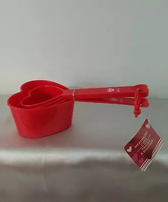 New Set Of 4 Red Heart Shaped Plastic Measuring Cups Valentine’s Kitchen Tool • $8