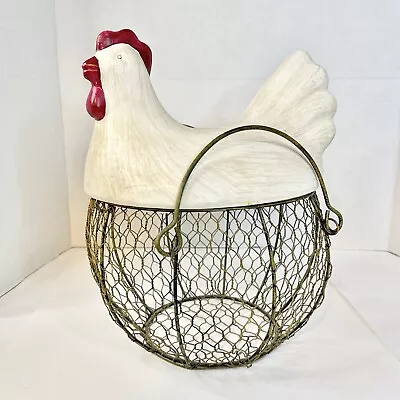 Vintage Chicken Egg Basket Wire Ceramic Lid Sit On Counter Large 11.5” X 9” • $19.99