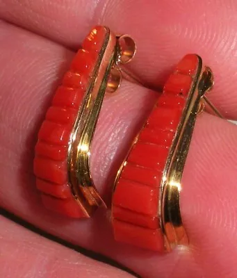 VINTAGE NAVAJO QUALITY CORAL 14K GOLD EARRINGS GREAT INLAY WORK Tuvi • $450