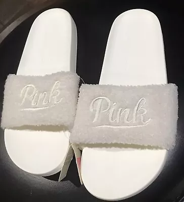 Victoria’s Secret Pink Sherpa Single Slide Slipper Flip Flop Medium In White New • $24.99