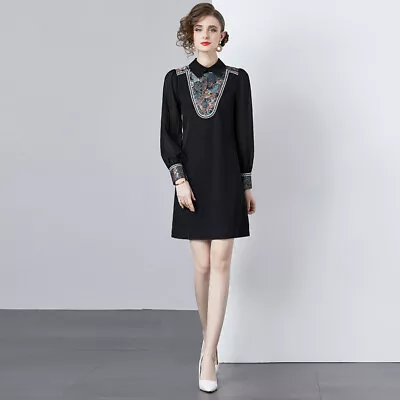 Chinese Style Women Retro Embroidered Dress Lapel Lantern Sleeve A-line Skirt • $65.51