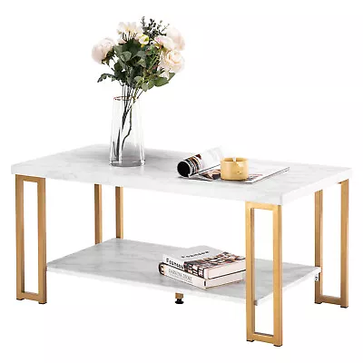 Marble Effect Coffee Table Rectangular Center Table With Metal Legs For Any Room • $88