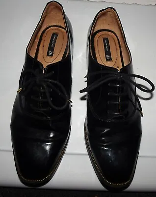 Patent Leather Men Sz 8 Lace-Up Dress Shoes Black W/ Gold Chain Piping Accent • $23.98