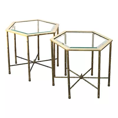 Authentic Pair Vintage Mastercraft Faux Bamboo Hexagonal Brass End Accent Tables • $1495