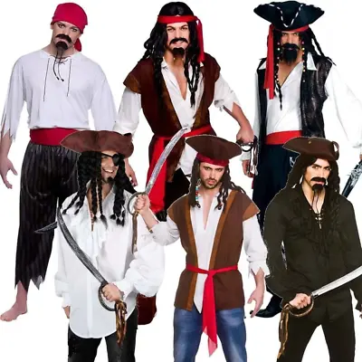 Mens Pirate Costume Caribbean Pirates Fancy Dress Mens Captain Jack • £22.99