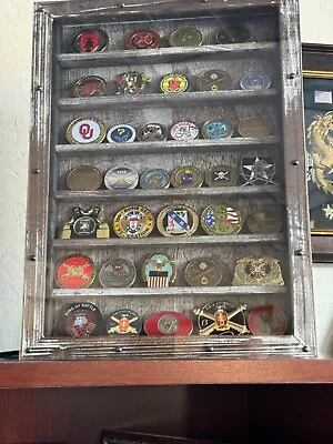 Challenge Coin Display Case 40 Pcs Rustic Gray Military Cabinet Wood Shadow Box • $79.99