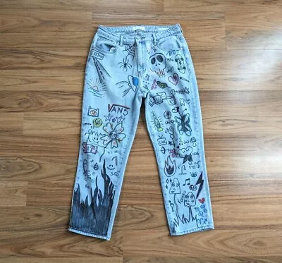 Pacsun Upcycled Emo Doodle Jeans Womens 27 Jeans MOM High Waist Grunge A3 • $65