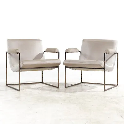 Milo Baughman For Thayer Coggin Mid Century Chrome Scoop Lounge Chairs - Pair • $4347