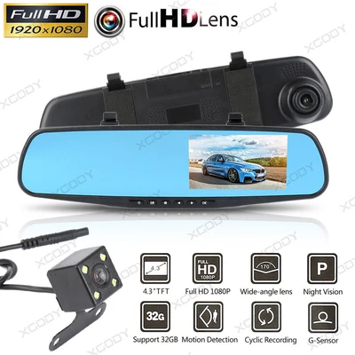 $37.99 • Buy XGODY 1080P 4.3  Dual Lens Reverse Camera Car Truck DVR Dash Cam Mirror Recorder